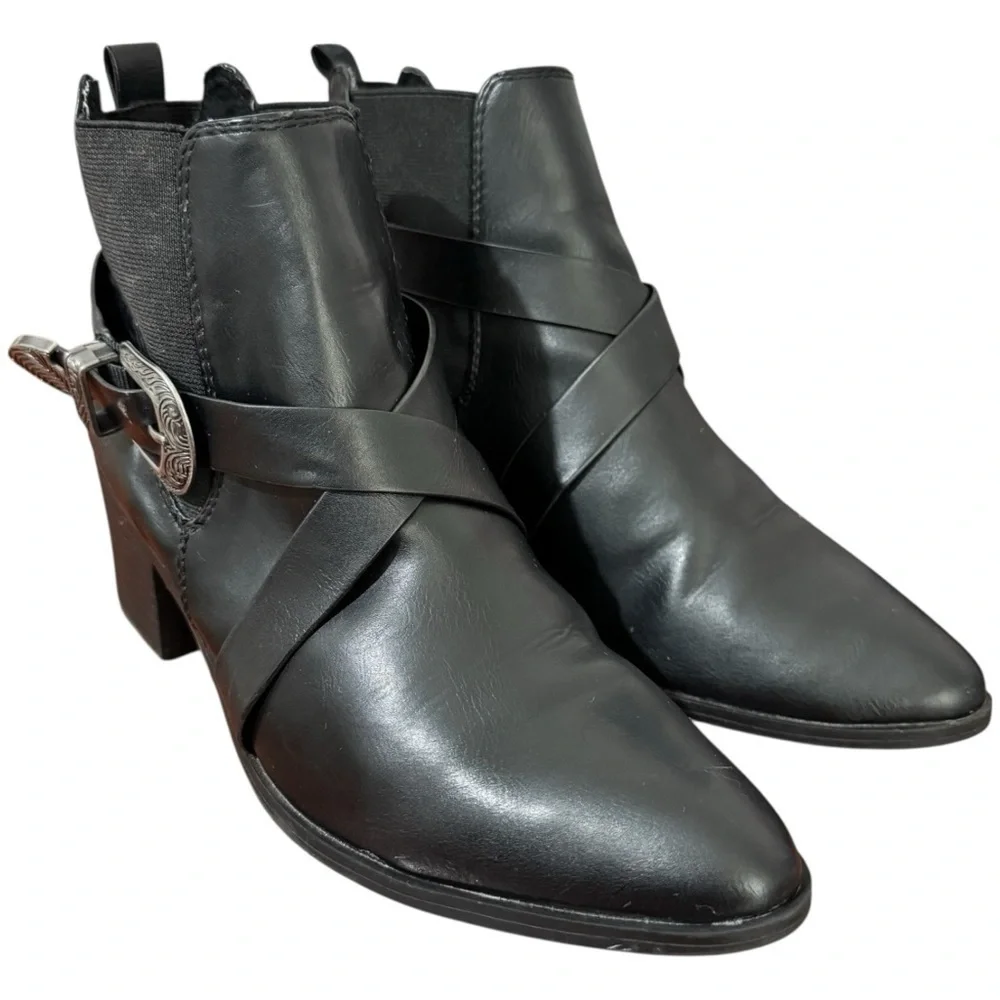 London Rag Womens Harlie Black Western Buckle Pointed Ankle Heeled Boots Boho 8
